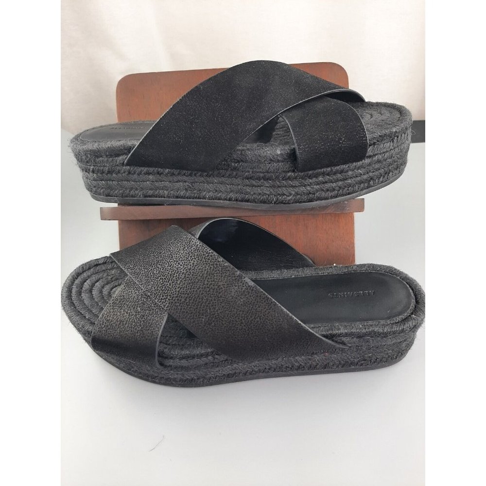 NEW All Saints Harlem Platform Espadrille Sandals Black Leather Vamp Straps Jute